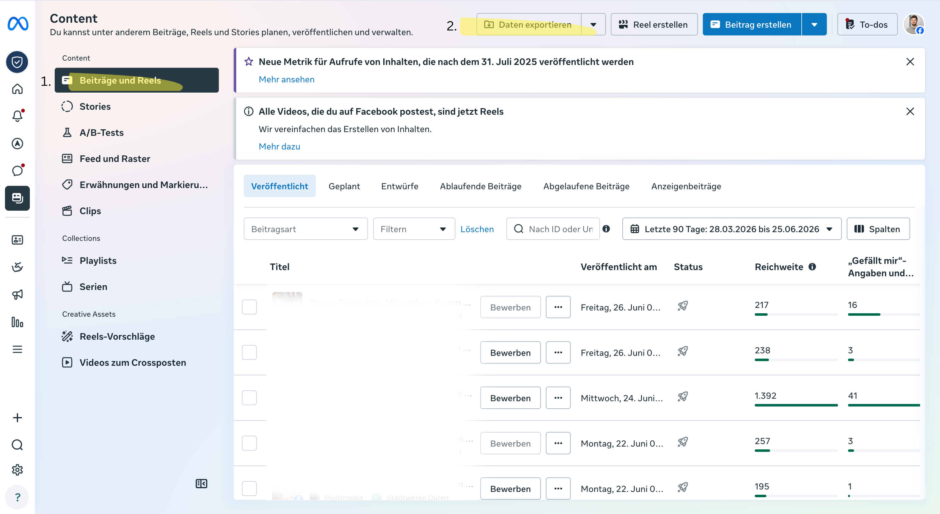 Meta Business Suite Beitraege exportieren Button