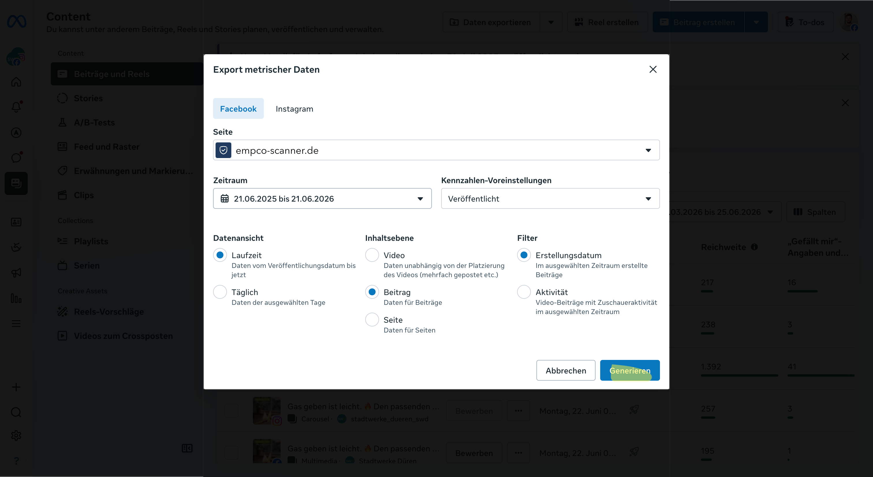 Meta Business Suite Facebook CSV generieren