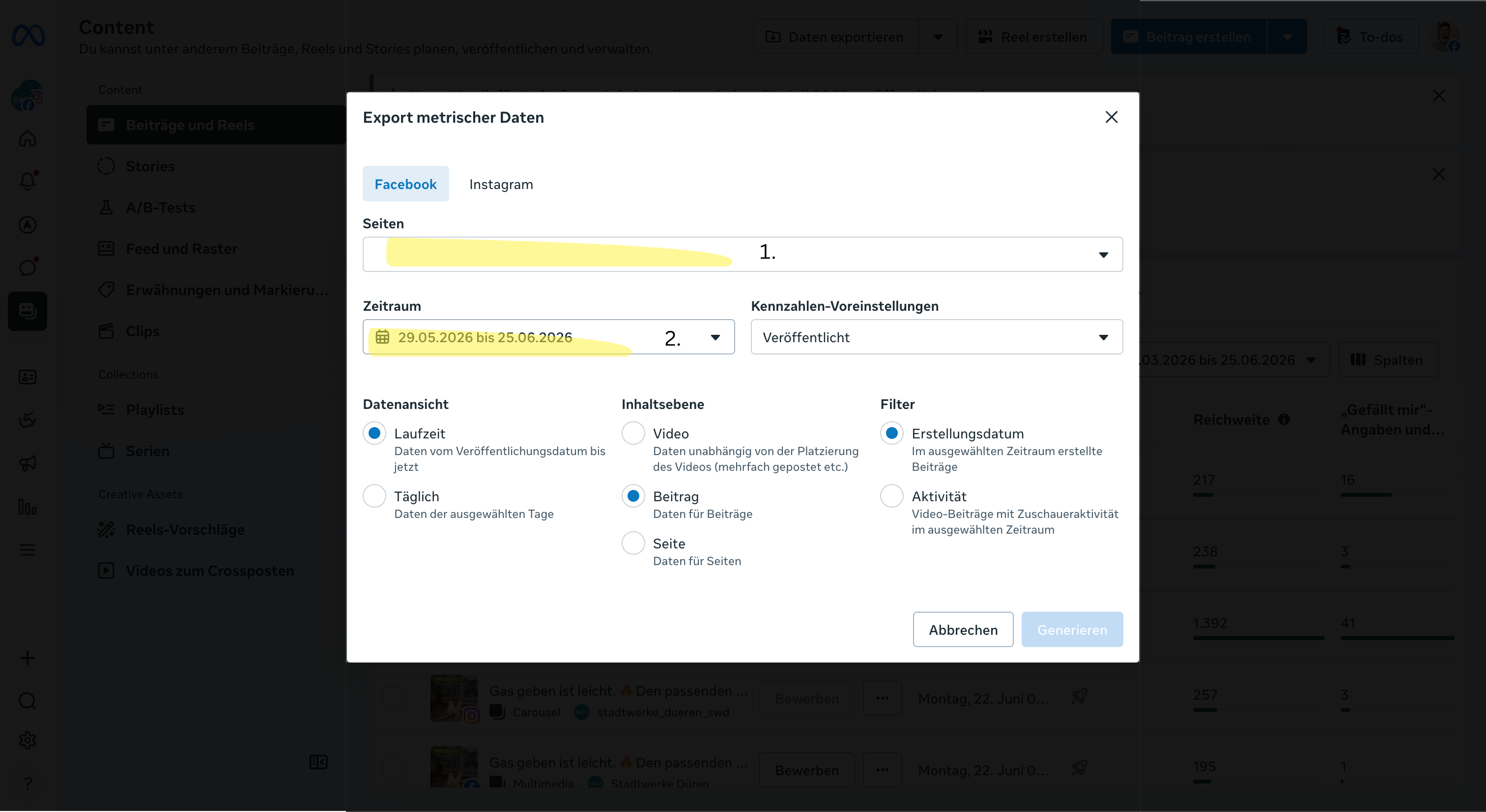 Meta Business Suite Facebook Seite und Zeitraum auswählen