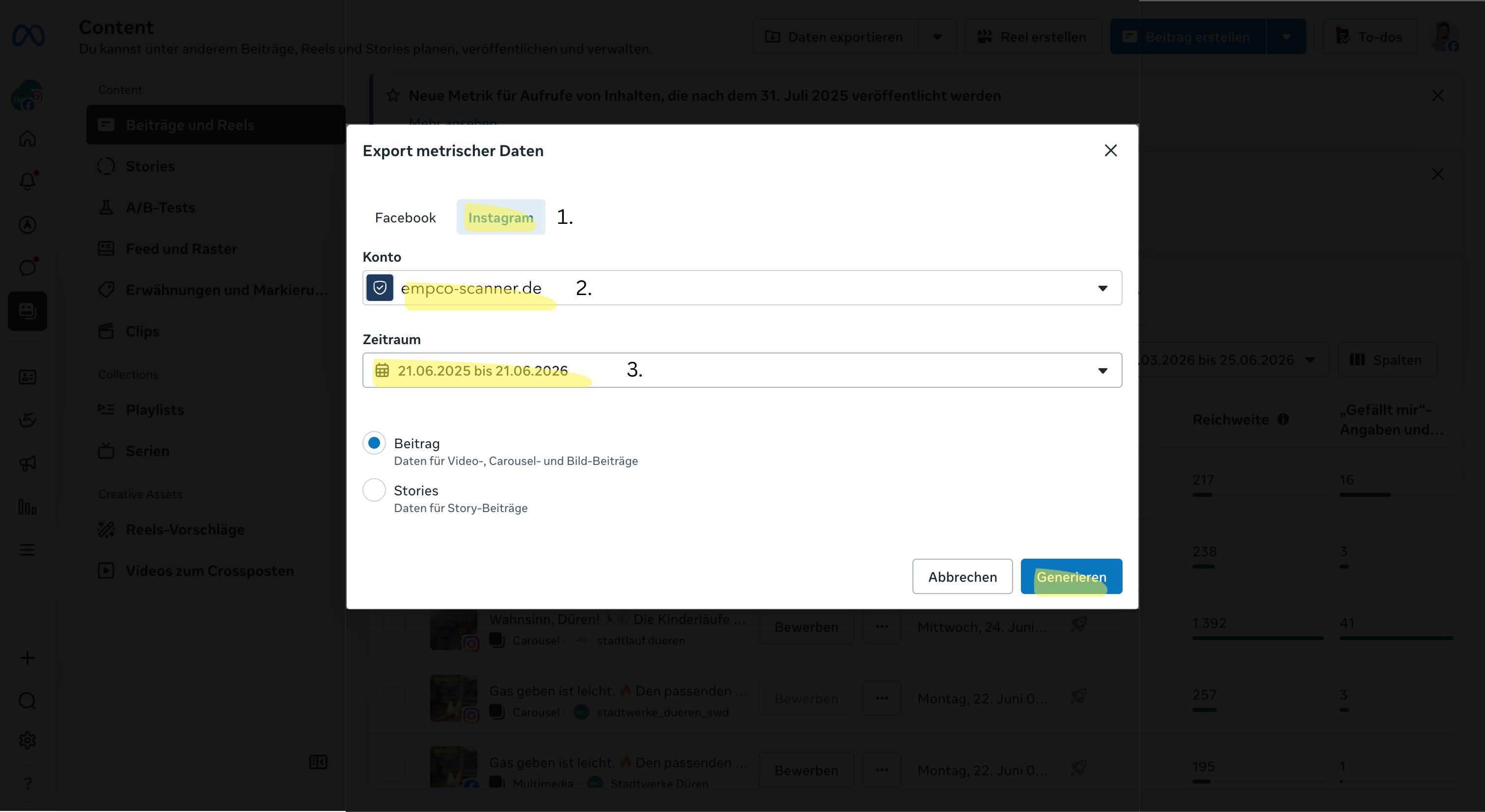 Meta Business Suite Instagram Export generieren