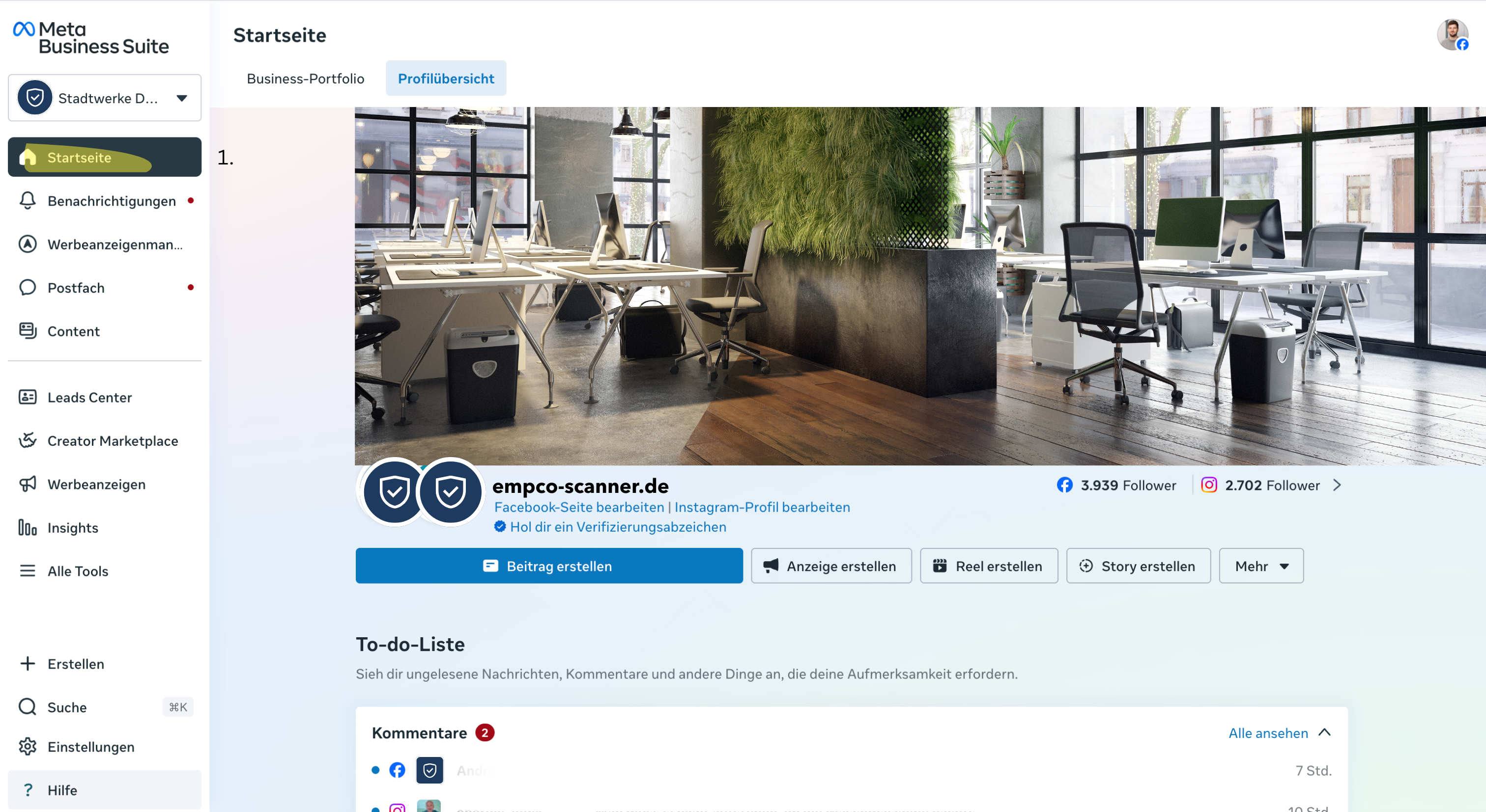 Meta Business Suite Startseite Navigation