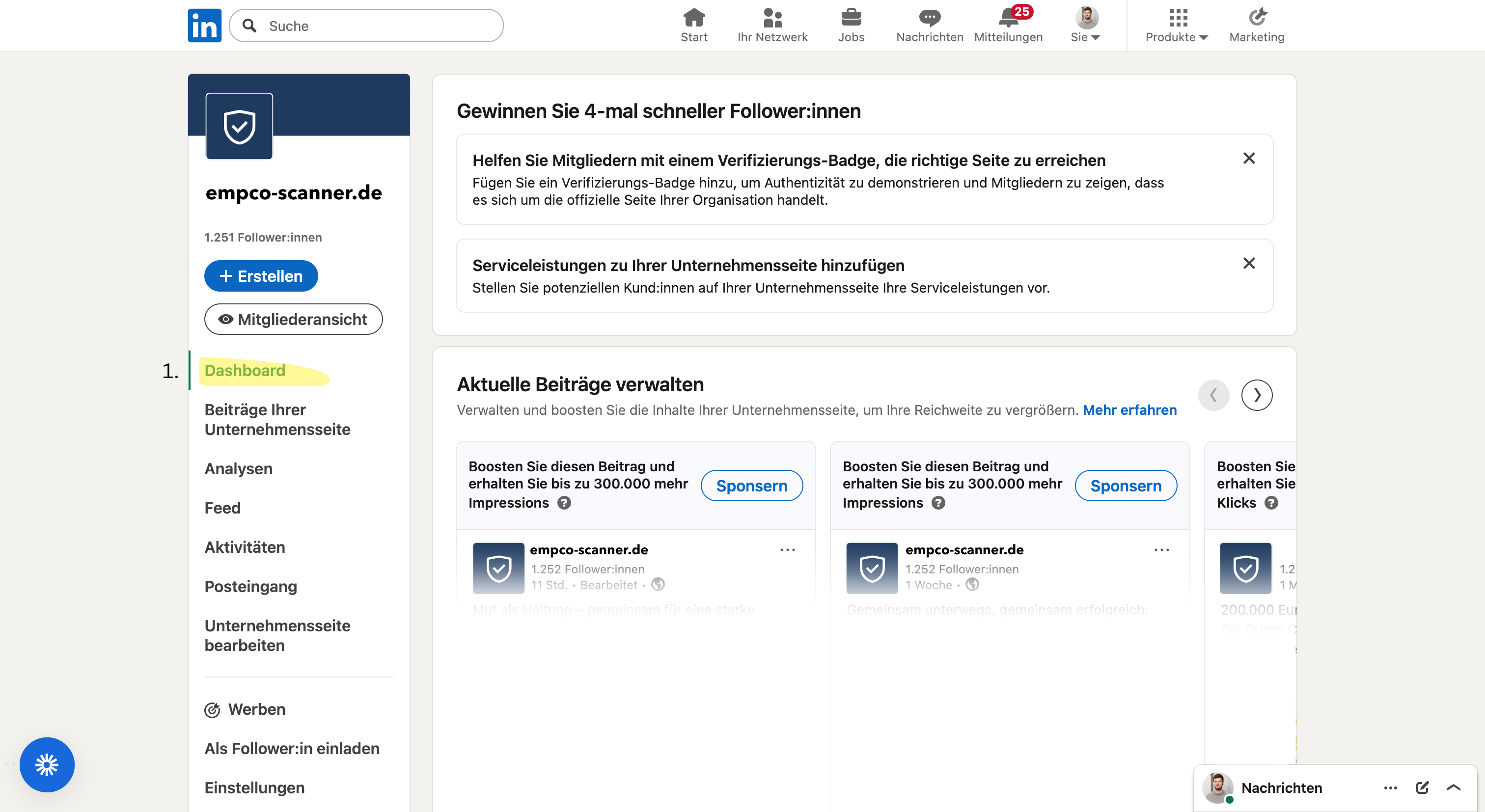 LinkedIn Unternehmensseite Navigation